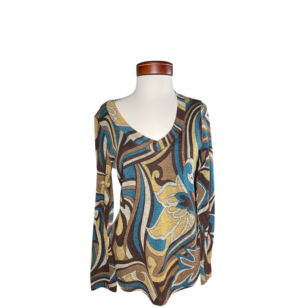Tribal Retro Boho Abstract Print V Neck Long Sleeve Top Women's
